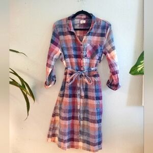Emberley Cotton Preppy Madras Pastel Purple Blue Lavender Plaid Button Up Dress
